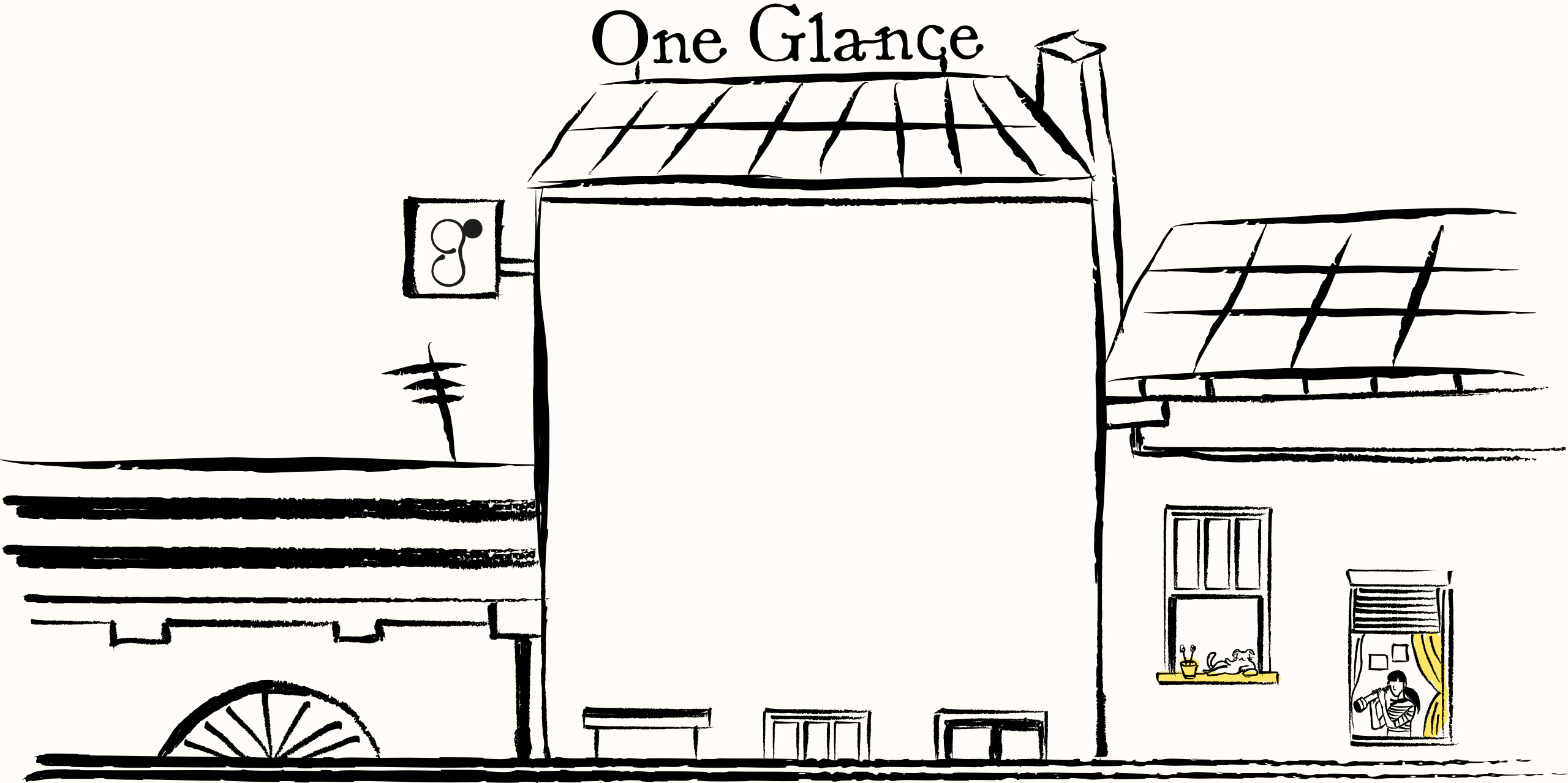 Hand-drawn One Glance studio building, with people and creative scenes visible through its windows.